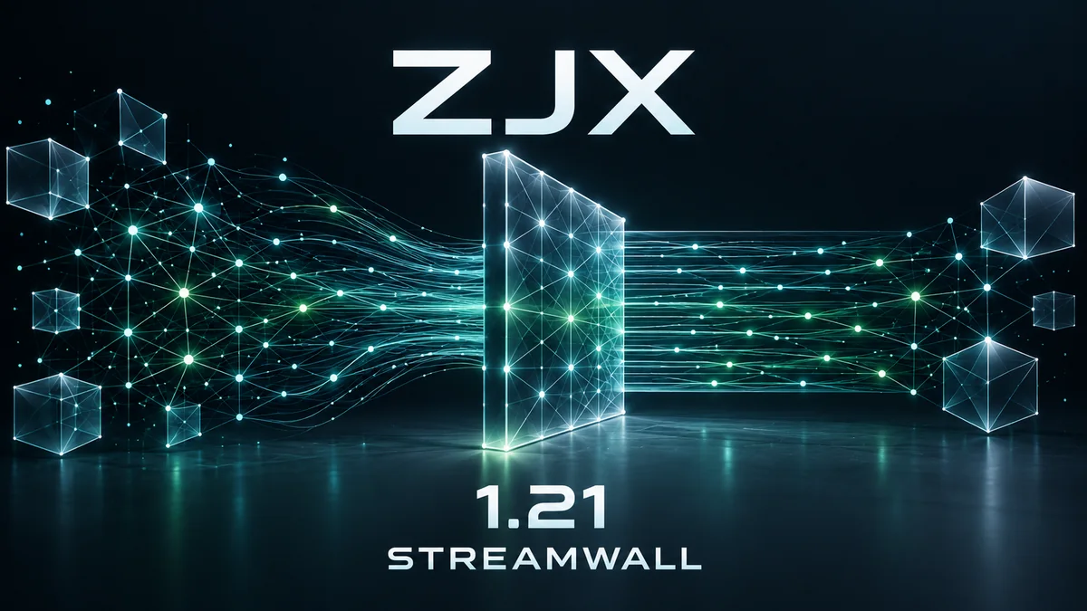 ZJX 1.21 STREAMWALL release artwork: data streams passing through a bounded lattice wall