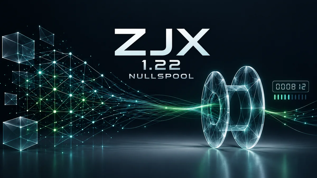 ZJX 1.22 NULLSPOOL closed-experiment artwork: an empty translucent spool beside a signal counter
