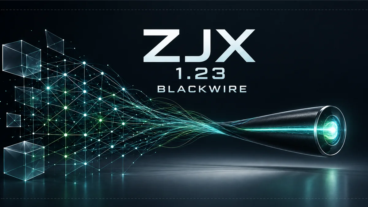 ZJX 1.23 BLACKWIRE release artwork: a lattice converging into one black production wire