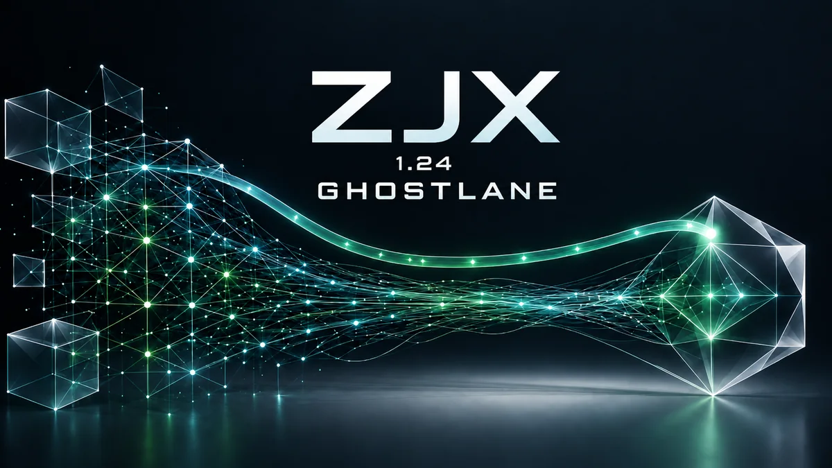 ZJX 1.24 GHOSTLANE closed-experiment artwork: a fast lane bypassing the lattice into a faceted envelope