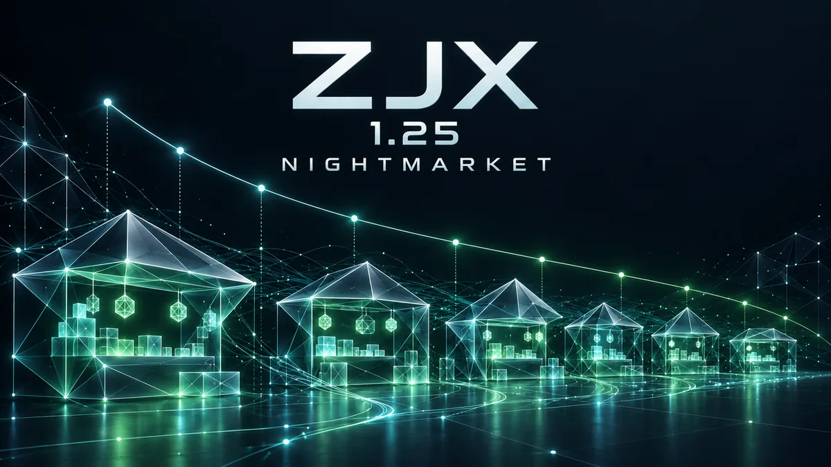 ZJX 1.25.1 NIGHTMARKET release artwork: a row of luminous lattice market stalls
