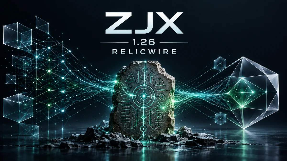 ZJX 1.26 RELICWIRE release artwork: an engraved stone relic rewired with signal lines