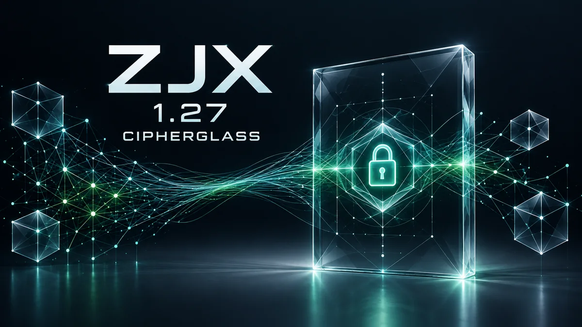 ZJX 1.27 CIPHERGLASS release artwork: a sealed glass envelope holding a lock inside the lattice