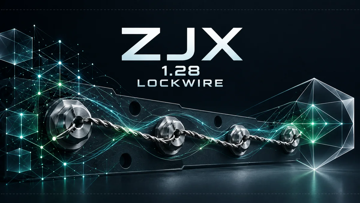 ZJX 1.28 LOCKWIRE release artwork: twisted safety wire sealing a row of bolts on a structural envelope