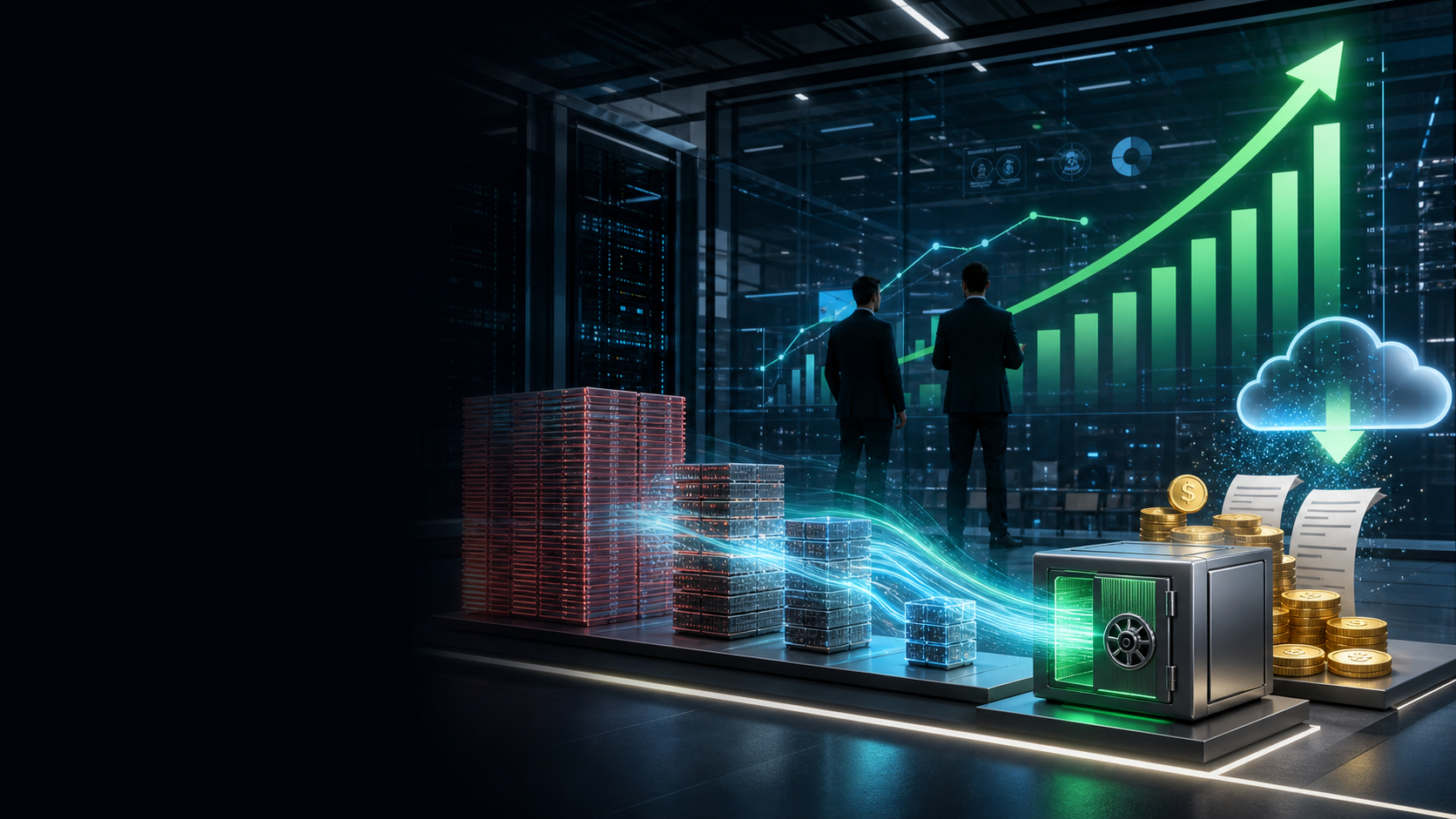 Enterprise data operations room showing compressed archives, savings indicators, and rising efficiency charts